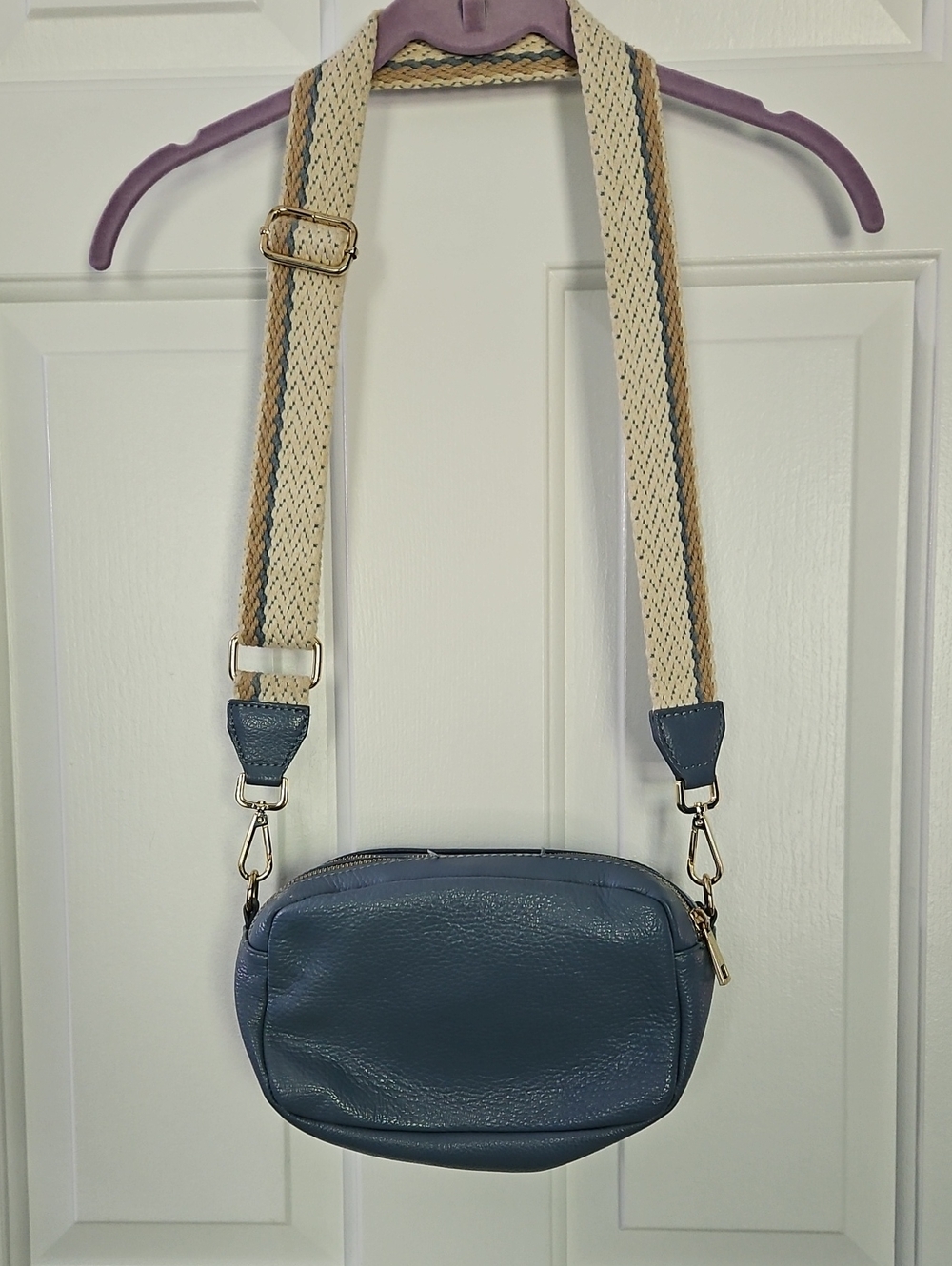 Blue Leather Crossbody Bag with Woven Adjustable Strap